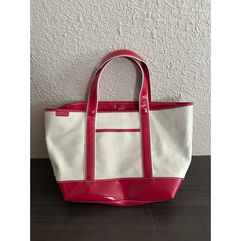 Lands End Canvas Tote Bag Red Patent Leather Trim Medium Everyday Beach Carryall
